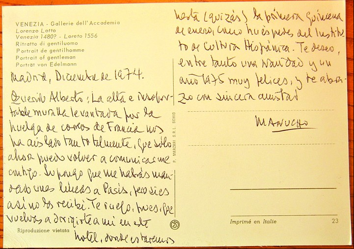 De puño y letra. Una de las muchas postales que Mujica Lainez le enviaba a Alberto Manguel, y que se conservan en la División de Manuscritos y Libros Raros de la Biblioteca Firestone, de la Universidad de Princeton.