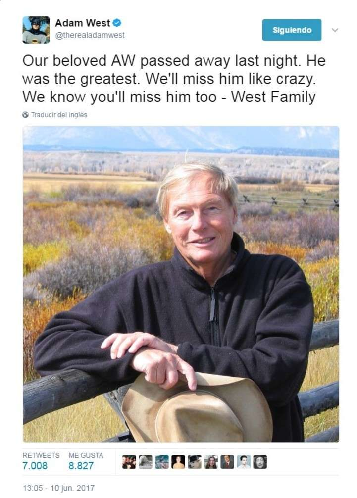 El tuit de la familia de Adam West confirmando el deceso del querido actor que encarnó a Batman.