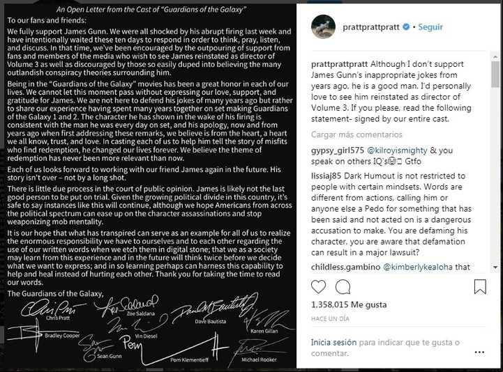 El mensaje firmado por el elenco que Chris Pratt publicó en su Instagram: los actores de "Guardianes de la galaxia" pidieron el regreso de Gunn.