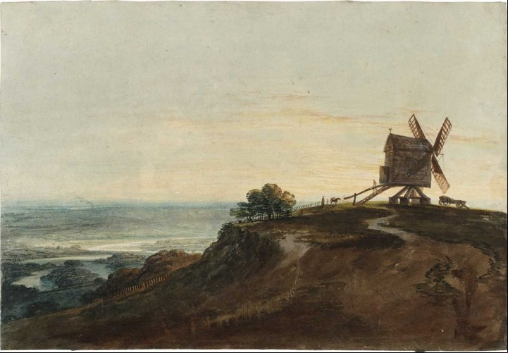 William Turner. Molino en la colina sobre un vasto paisaje con río sinuoso, 1794-1795. Grafito y acuarela sobre papel. / Gentileza Tate Gallery Londres.