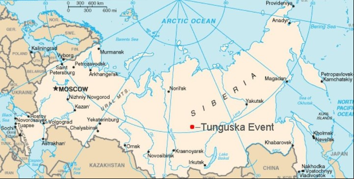 El mapa muestra Tunguska, donde tuvo lugar la mayor explosión conocida en la historia de un asteroide.