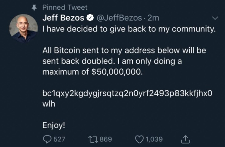 Jeff Bezos, el dueño de Amazon y gurú digital, fue otro de los que tuitieó el mensaje con la estafa en Bitcoin.
