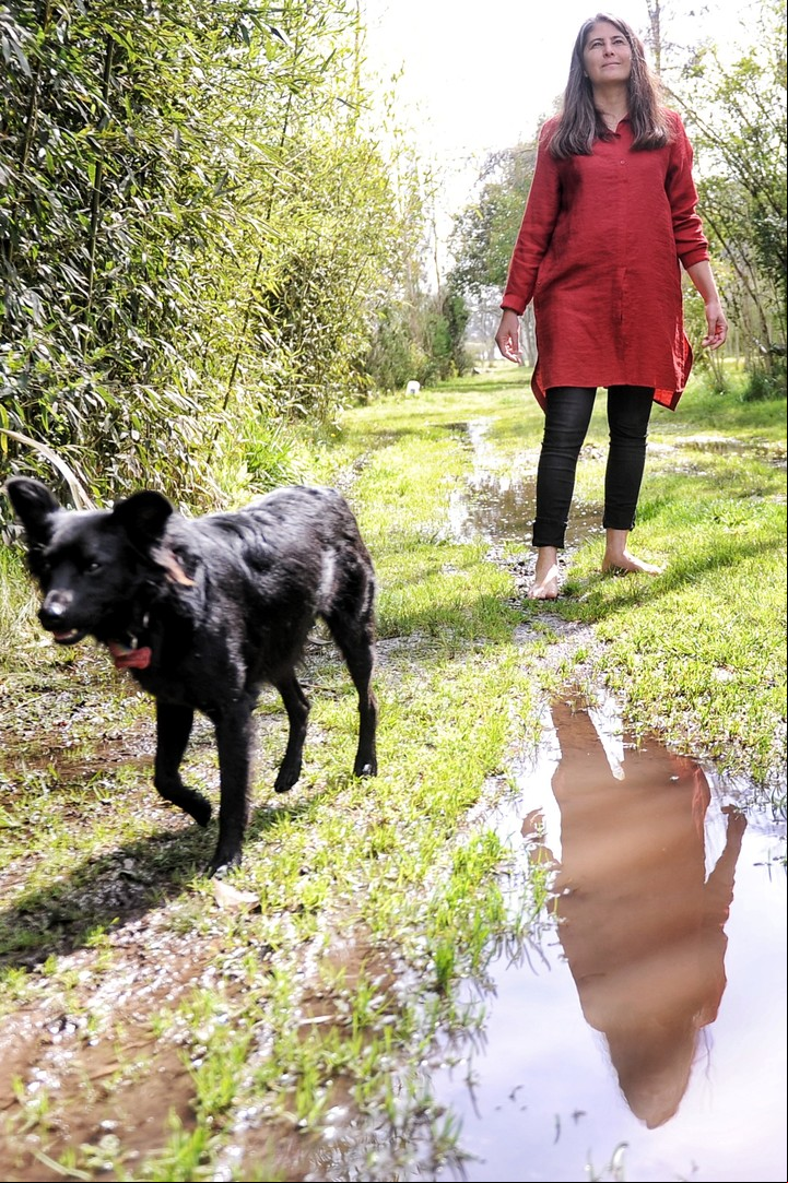 Un reflejo. Selva Almada, con un perro, en cuarentena. Foto Martín Bonetto