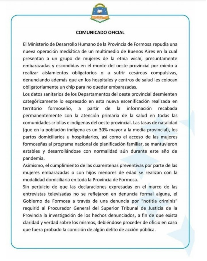El comunicado del gobierno de Formosa sobre las embarazadas wichis.