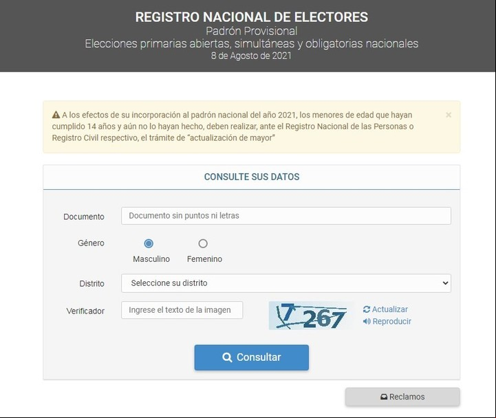 Así es la web que permite consultar el padrón provisorio.