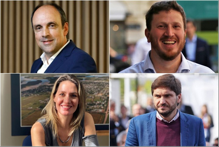 José Corral, Federico Angelini, Carolina Losada y Maximiliano Pullaro, precandidatos a senadores por Santa Fe de Juntos por el Cambio.