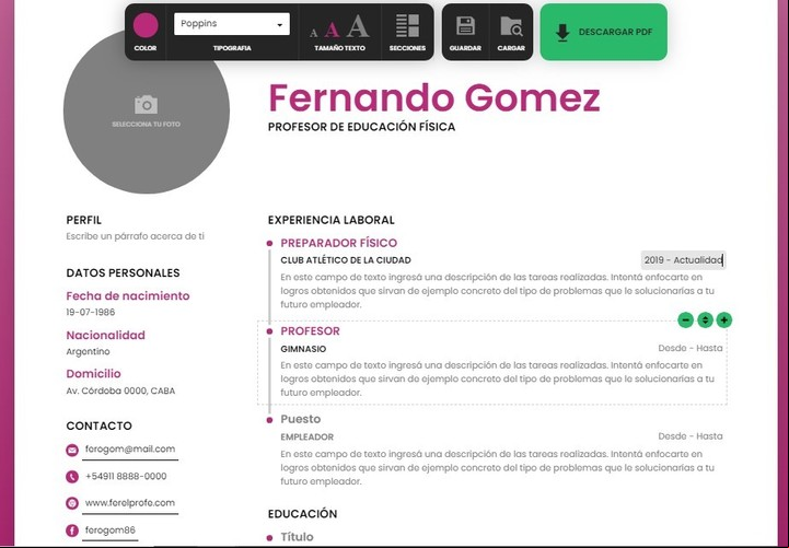 Cómo se crea un CV en el sitio Resume Maker. Imagen: Captura.