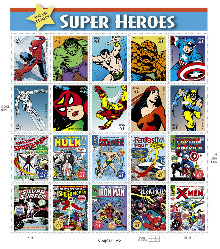 Trascendencia. Estampillas postales de USA con las imágenes de Marvel.