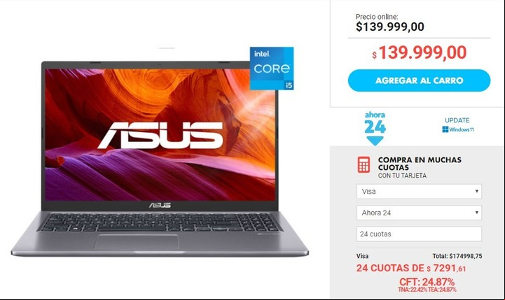 Computadoras de $ 140 mil se pueden llevar en 24 cuotas de $ 7.291 con el plan oficial. Imagen: Captura.