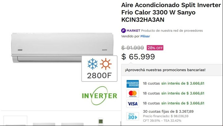 Ofertas de aires en Frávega. Imagen: Captura.