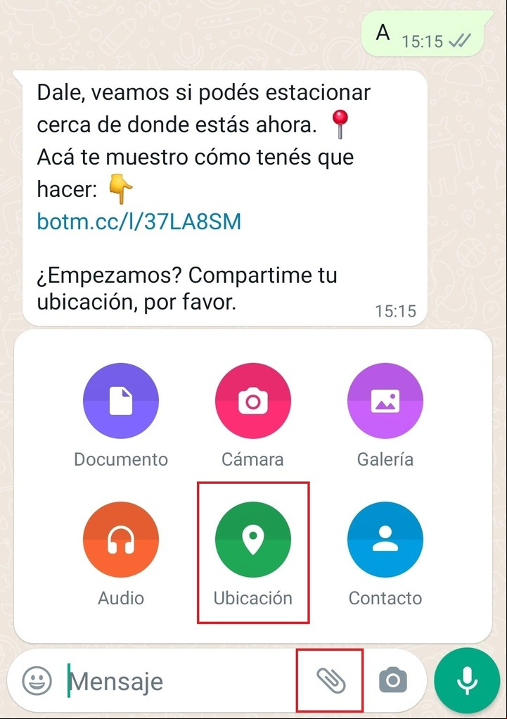 Dónde tocar en la pantalla para enviarle a Boti la ubicación. Imagen: Captura.