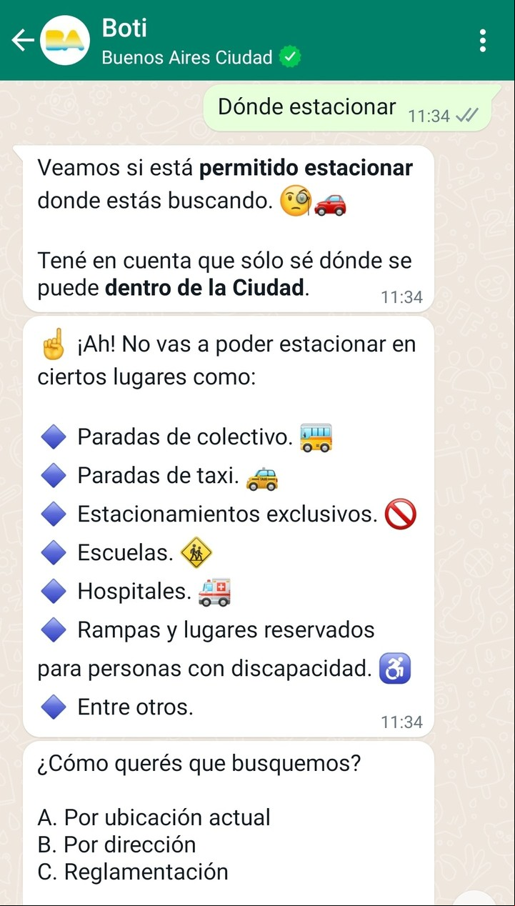 El primer paso para hacer consultas de estacionamiento es iniciar una conversación por WhatsApp con Boti. Imagen: Captura.