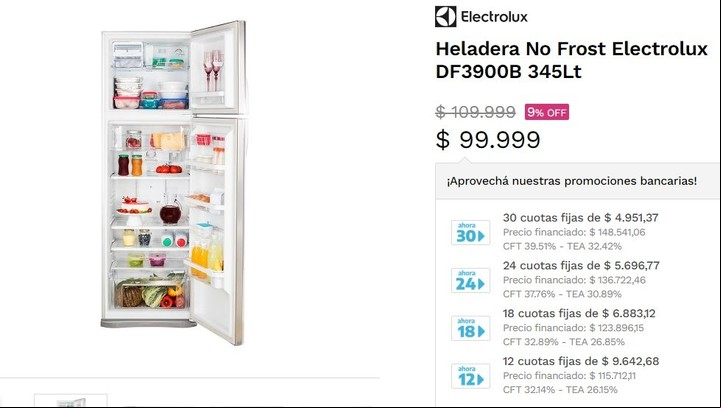 Pagando cuotas de menos de $ 5.000 al mes se puede llevar una heladera no frost, con Ahora 30.Imagen: Captura.