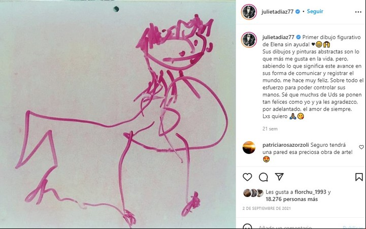 El primer dibujo figurativo que hizo Elena y Julieta compartió en las redes.