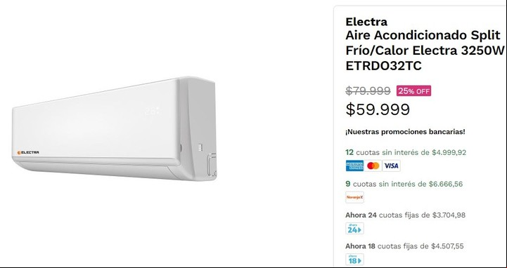 Sobre el fin del verano las cadenas lanzan fuertes descuentos para liquidar aires acondicionados. Imagen: Captura.