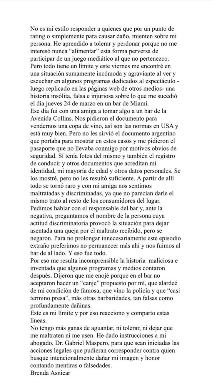 El comunicado de Brenda Asnicar tras los dichos de Laura Ubfal. Twitter.