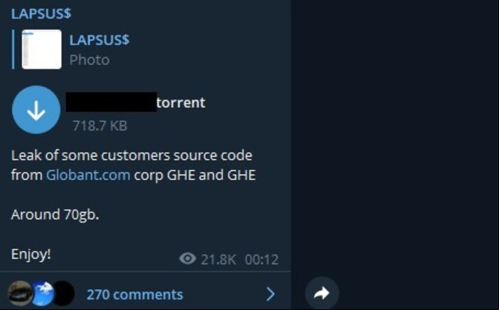 Lapsus$ publicó datos internos de Globant. Foto Telegram