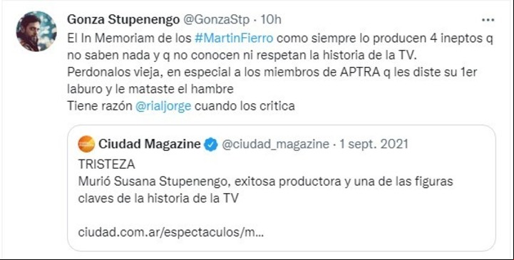 El tuit de Gonzalo Stupenengo contra APTRA.