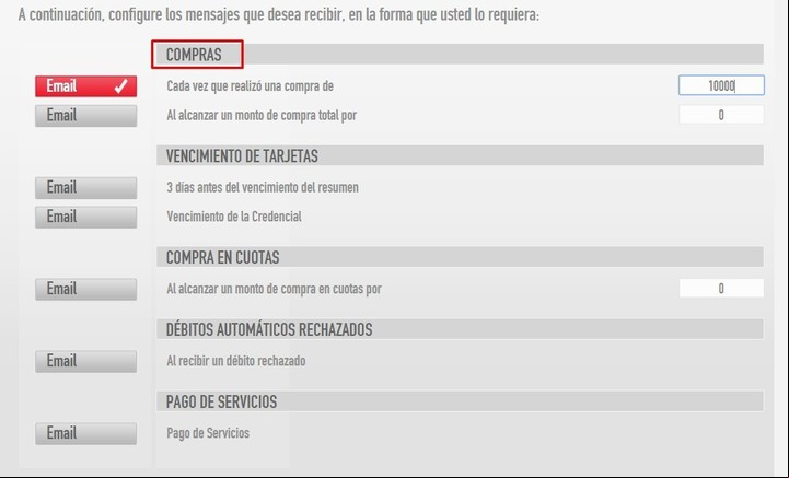 Así se programan los avisos de consumo por e-mail para tarjetas MasterCard. Imagen: Captura.