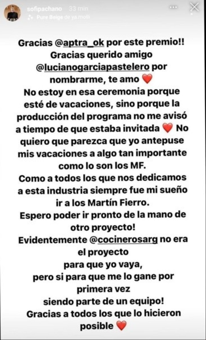 La publicación de Sofía Pachano.