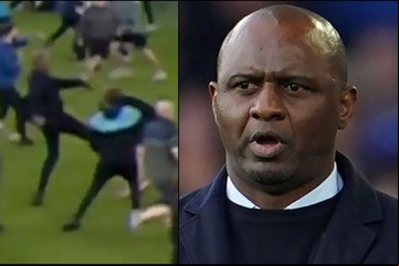 Patrick Vieira no se bancó la provocación de un hincha del Everton en plena invasión de campo y le pegó una patada