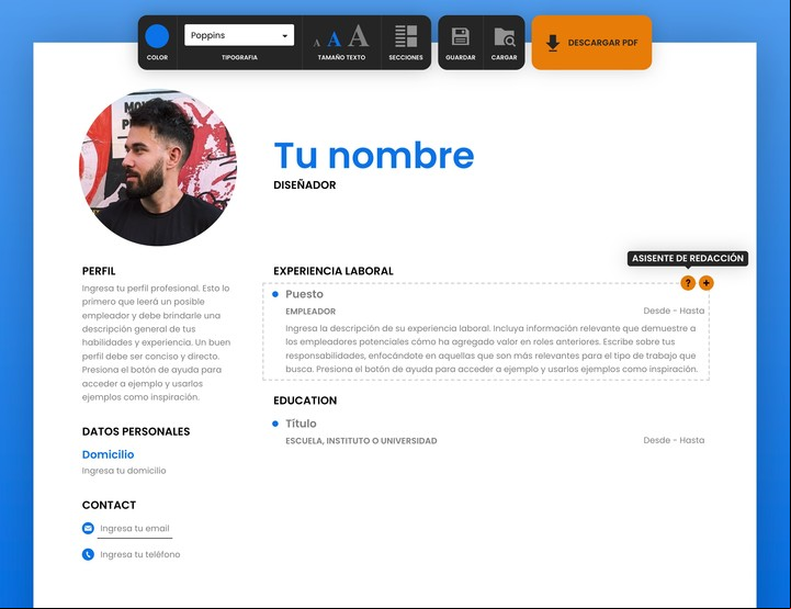 Al llenar los campos clave del CV aparece la opción de desplegar el "asistente de redacción". Imágenes: ResumeMaker.