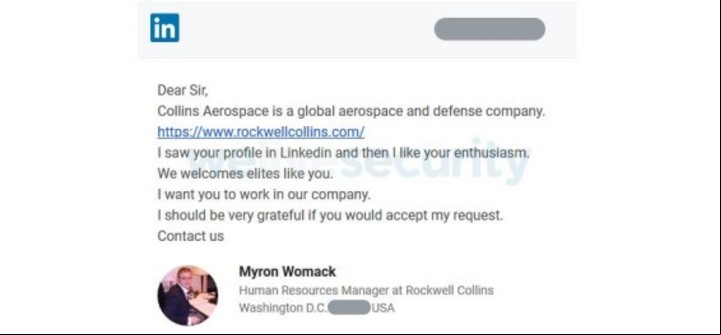 Ejemplo de campaña de ingeniería social a través de LinkedIn utilizando falsas ofertas de empleo. Gentileza ESET.