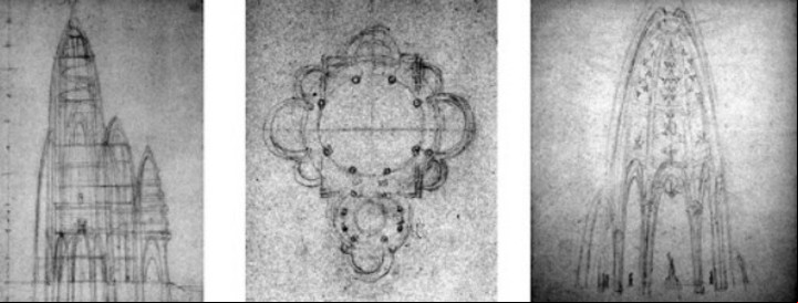 Tres de los bocetos que Gaudí dibujó en 1908.