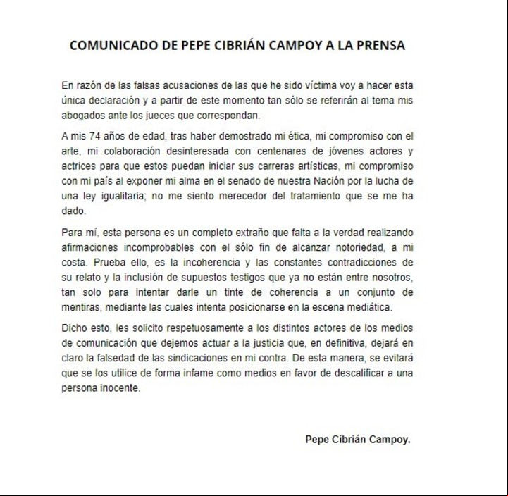 El comunicado de Pepe Cibrián ante la denuncia de abuso sexual en su contra.