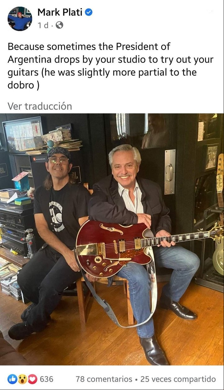 El posteo en Facebok de Mark Plati, ex guitarrista de David Bowie, con Alberto Fernández. Después lo borró.