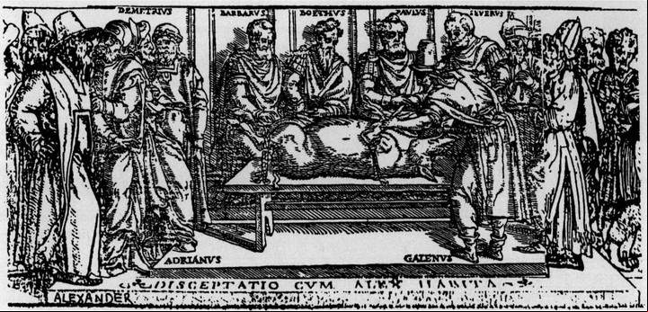 Una demostración de disección de un cerdo, a manos de Galeno, médico griego del siglo II. / Junta edition of Galen's Works.