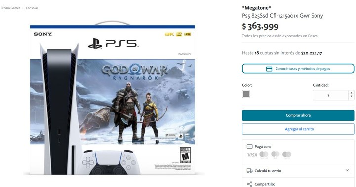 La consola PlayStation 5, con disco físico más el videojuego God of War Rägnarok. Foto: Tienda BNA.