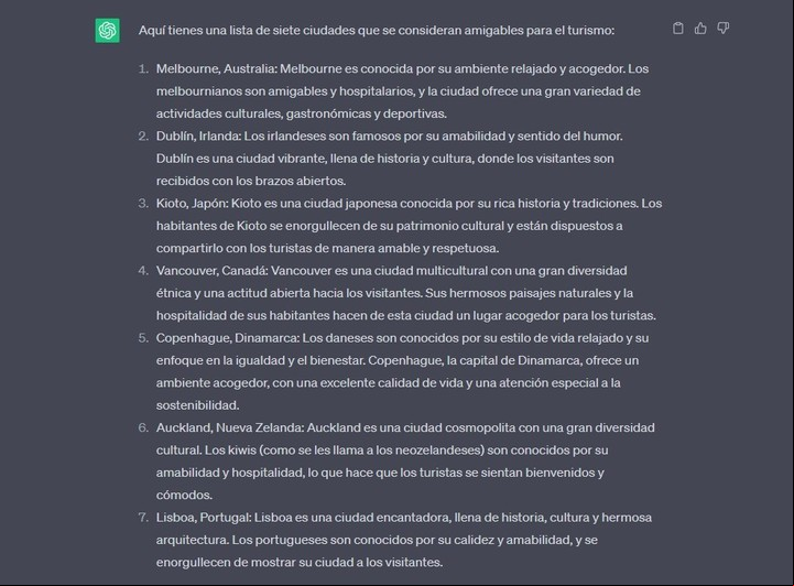 Esta es la lista que creó el ChatGPT sobre destinos turísticos.