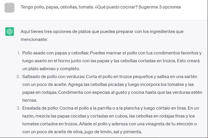 Distintas formas de usar los mismos ingredientes, según el ChatGPT. Imagen: Captura.