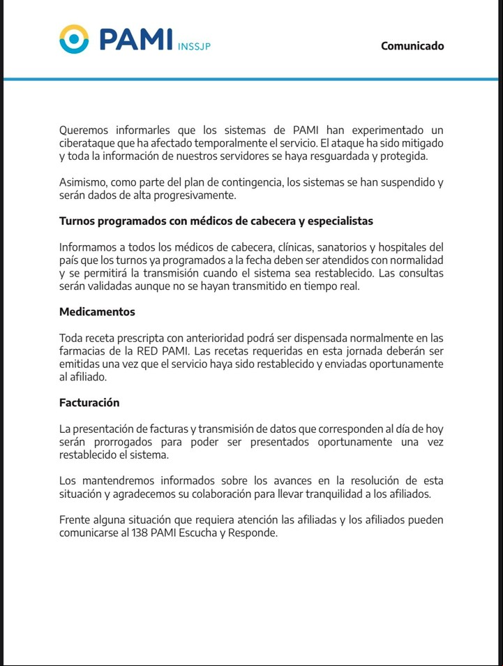 Comunicado del PAMI reconociendo un ciberataque