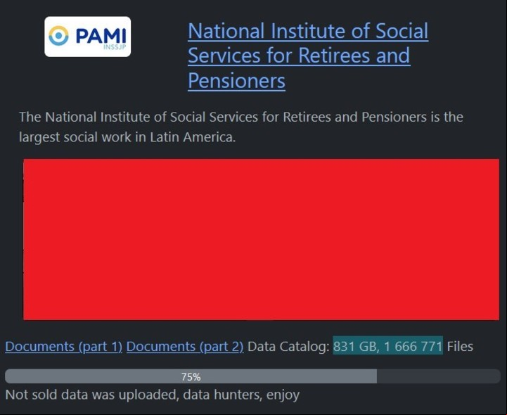 PAMI: Rhysida lista a la víctima con un 75% de datos publicados, 831 GB.