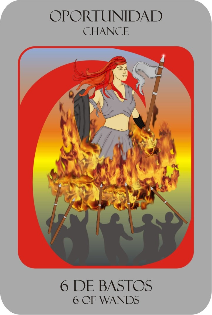 6 de Bastos del "Nuevo tarot de Marsella Leveratto". Foto: Ed. Kier/ilustraciones: Florencia y Lucía Brizuela.