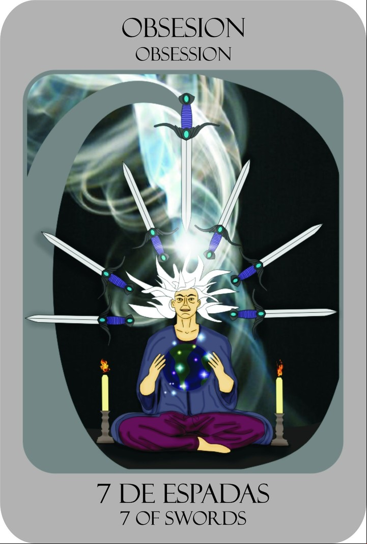 7 de Espadas en el "Nuevo tarot de Marsella Leveratto". Foto: Ed. Kier/ilustraciones: Florencia y Lucía Brizuela.