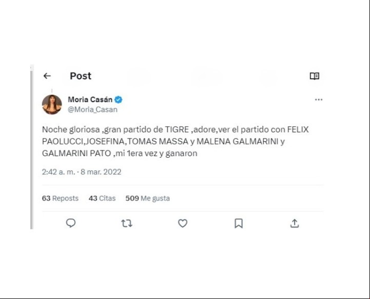 Tuit de Moria Casan tras un partido de Tigre con Fernando y Malena Galmarini. Y con Félix Paolucci, sobrino del candidtao a intendente de Milei en Tigre