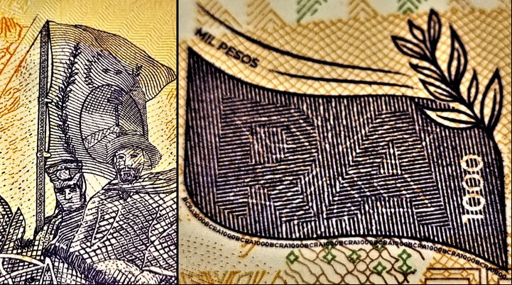 Letras y números minúsculos, ocultos en el nuevo billete de $1.000.