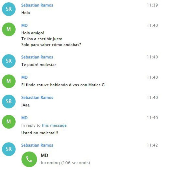 Este chat robado y que sería entre Sebastián Ramos y Marcelo D'Alessandro fue subido a Twitter por la diputada Mara Brawer.
