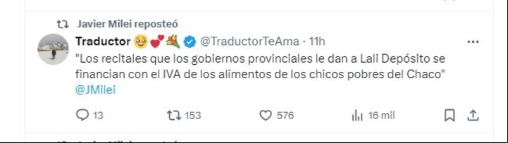 El posteo de Traductor, una cuenta que el Presidente suele replicar.