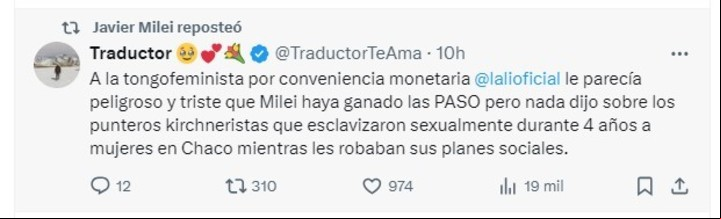 Otro mensaje que replicó Milei.
