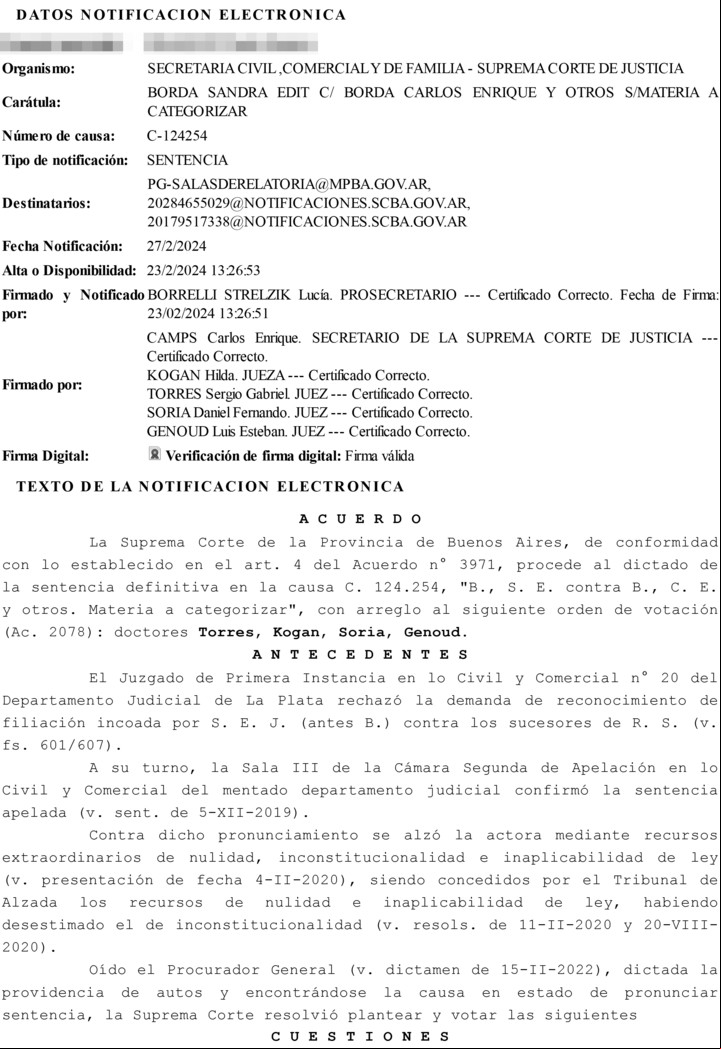 Sentencia de la Suprema Corte de Justicia de la Provincia de Buenos Aires sobre el caso de Roberto Sánchez y su presunta paternidad, que resultó negativa.