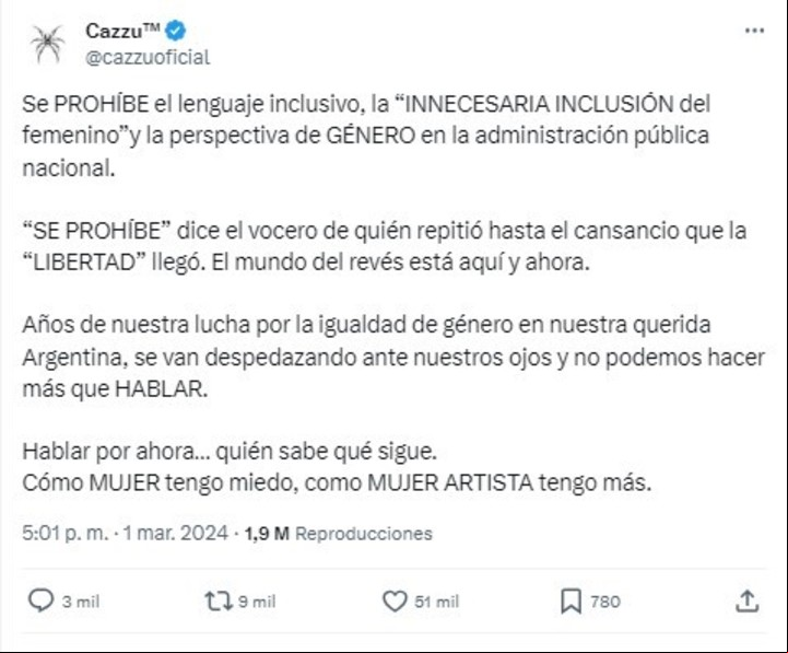 Cazzu repudió la prohibición del lenguaje inclusivo con un fuerte descargo.