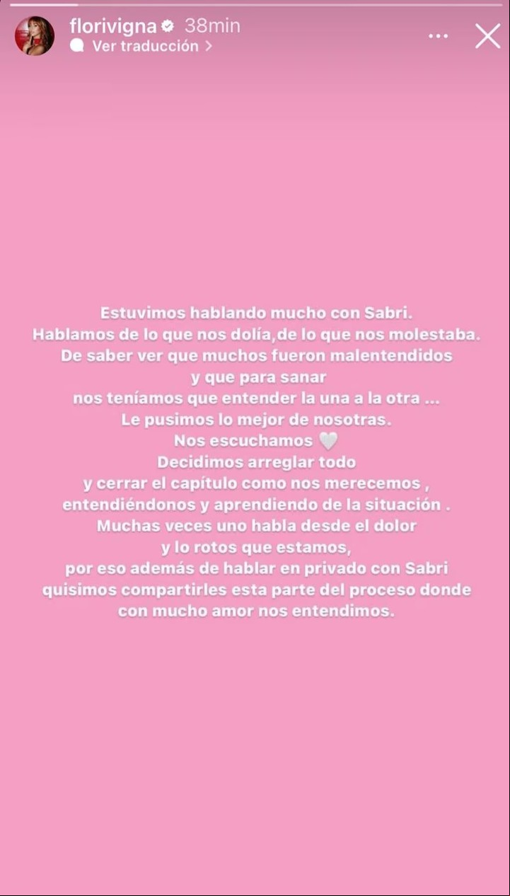Flor Vigna acompañó el comunicado de Sabrina Rojas con un descargo en redes sociales sobre la charla que mantuvieron en privado.