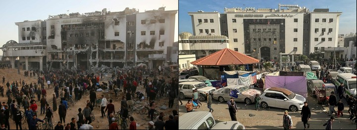 Al Shifa, antes (der.) y después. Foto: AFP