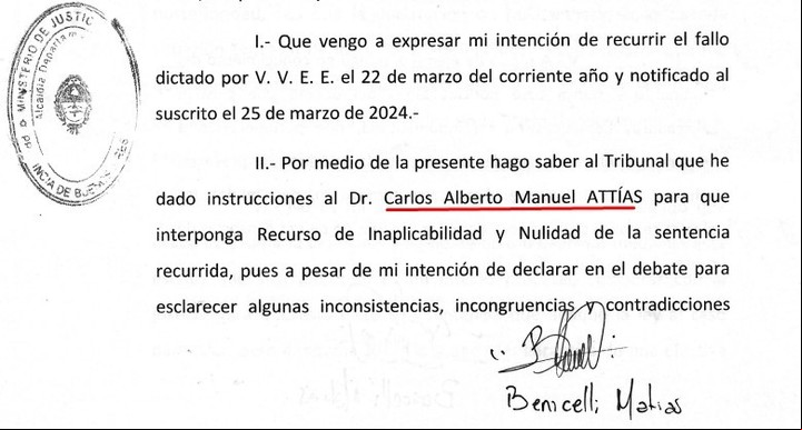 El escrito que presentó Matías Benicelli ante Casación, donde designa a su nuevo abogado, Carlos Attías.