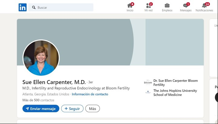 El perfil de Linkedin de Sue Ellen Carpenter, la enfermera que retiró a Diego Maradona del Mundial 1994. Foto: Linkedin.
