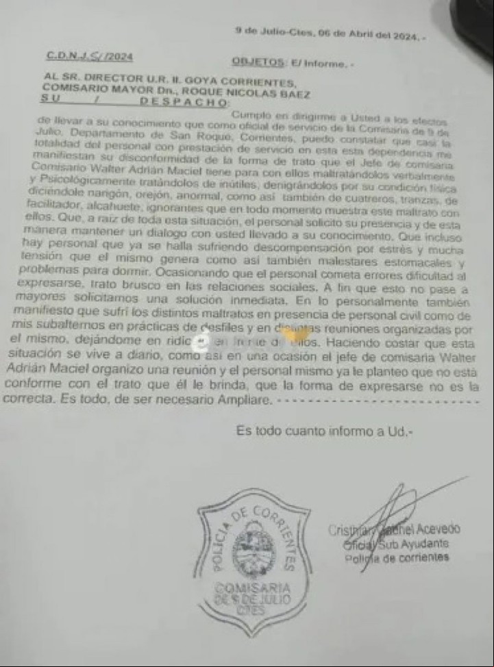 Denuncia contra el ex comisario Walter Maciel "por maltrato psicológico, humillación y denigración" hacia sus subalternos.